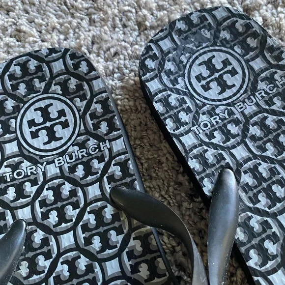 Tory Burch Black and Gray Patterned Flip Flops - Picture 2 of 4